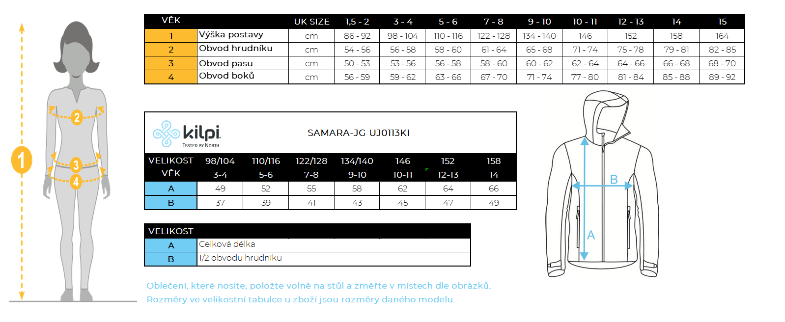 Kilpi Samara - velikostní tabulka